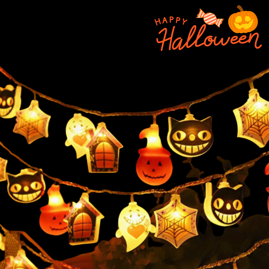 Halloween | LED string lights | pumpkin, ghost house, black cat, spider web | decoration props