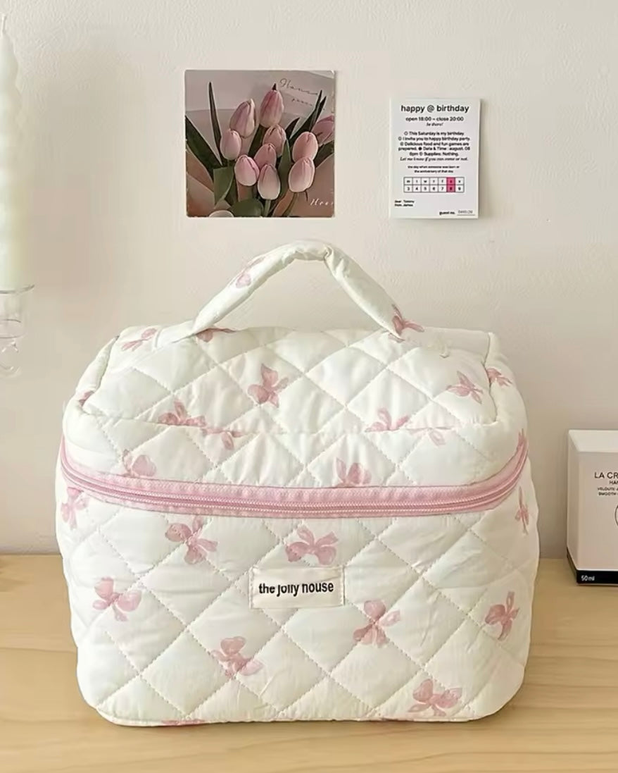 Cute Bow Flower Makeup Bag | Quilted Cosmetic Organiser | Portable Toiletry Case for Women & Girls |HomeHato