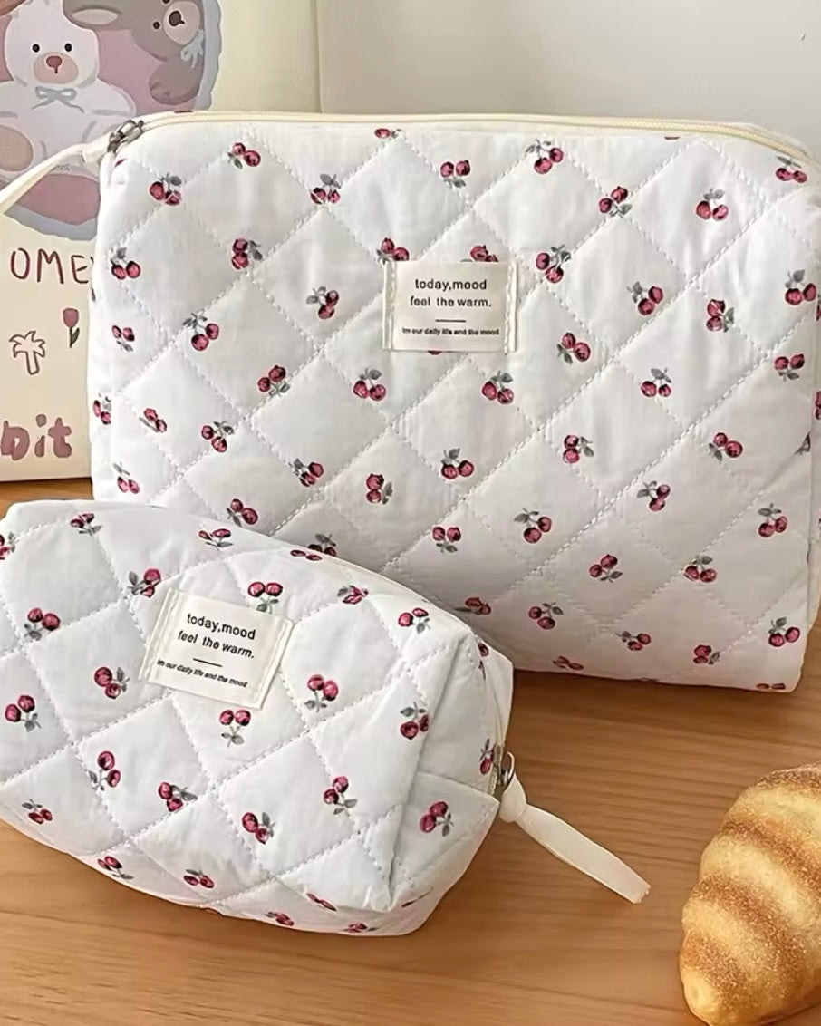 Cherry Print Tote Bag | Quilted Makeup Organiser | Cute Cosmetic Pouch for Women |HomeHato