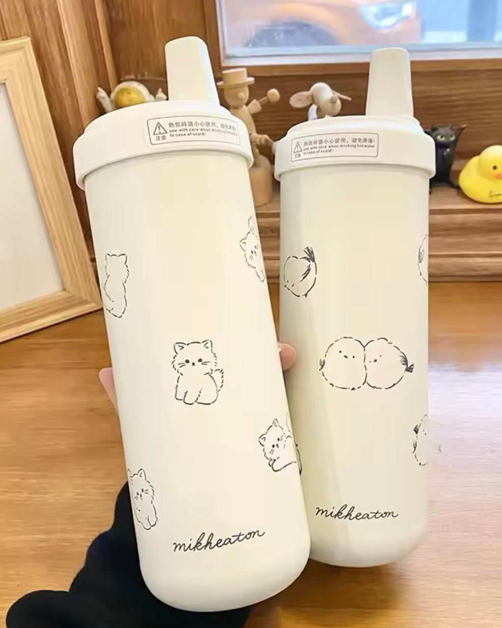 Cute Cat/Bird Design Thermal Tumbler - 850ml Stainless Steel Insulated Cup with Straw |HomeHato