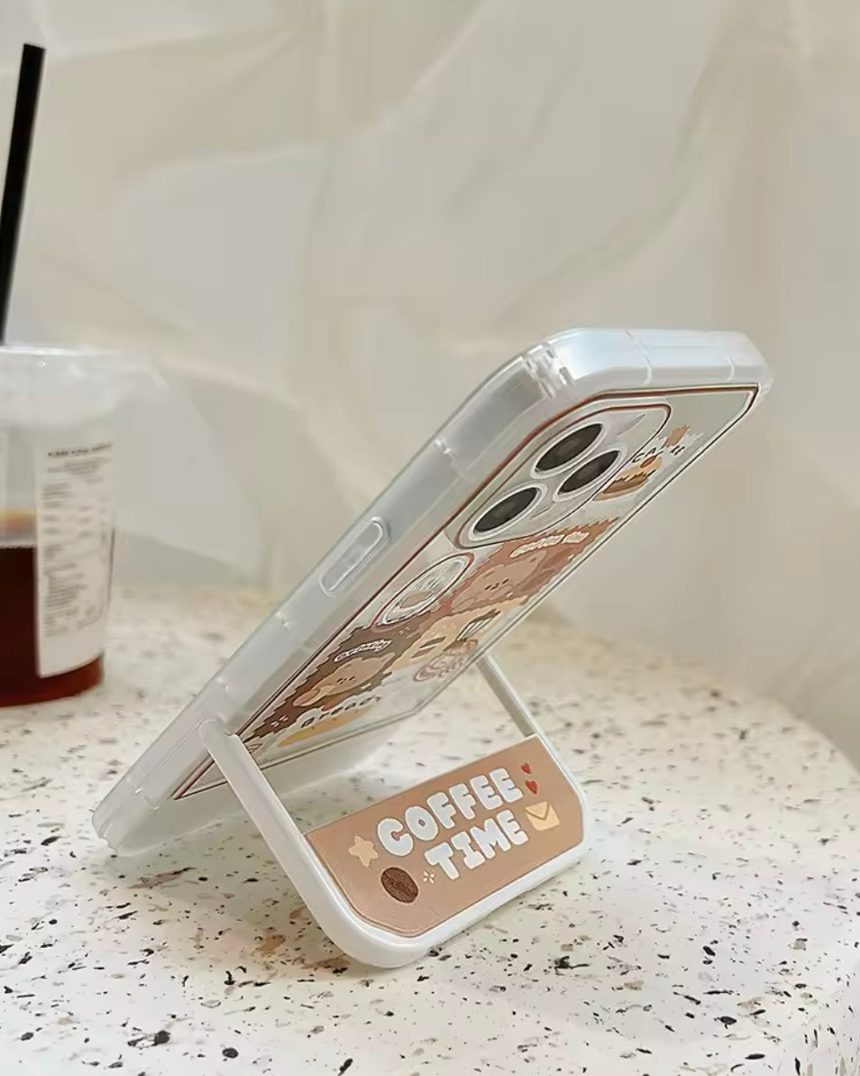 Retro Coffee Bear Phone Case | Cute Stand Cover For iPhone 16 15 14 13 11 12 Pro Max Xr 16 Plus Xs Max case Cute stand Cover |HomeHato