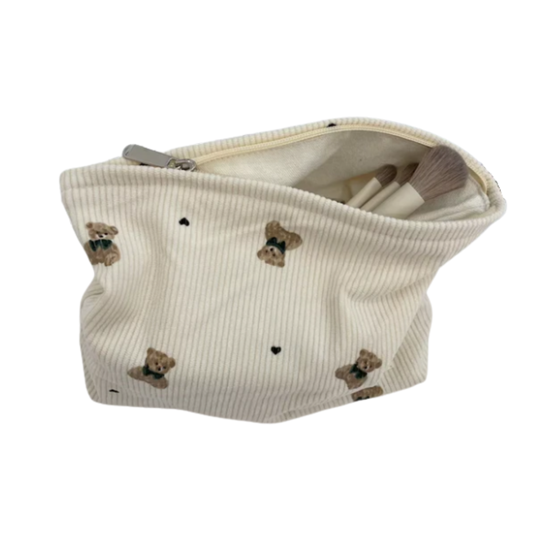 Cartoon Bear Corduroy Cosmetic Bag | Women's Clutch Makeup Bag |HomeHato