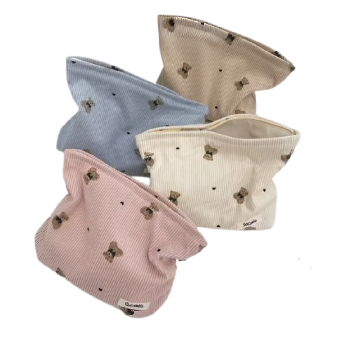 Cartoon Bear Corduroy Cosmetic Bag | Women's Clutch Makeup Bag |HomeHato