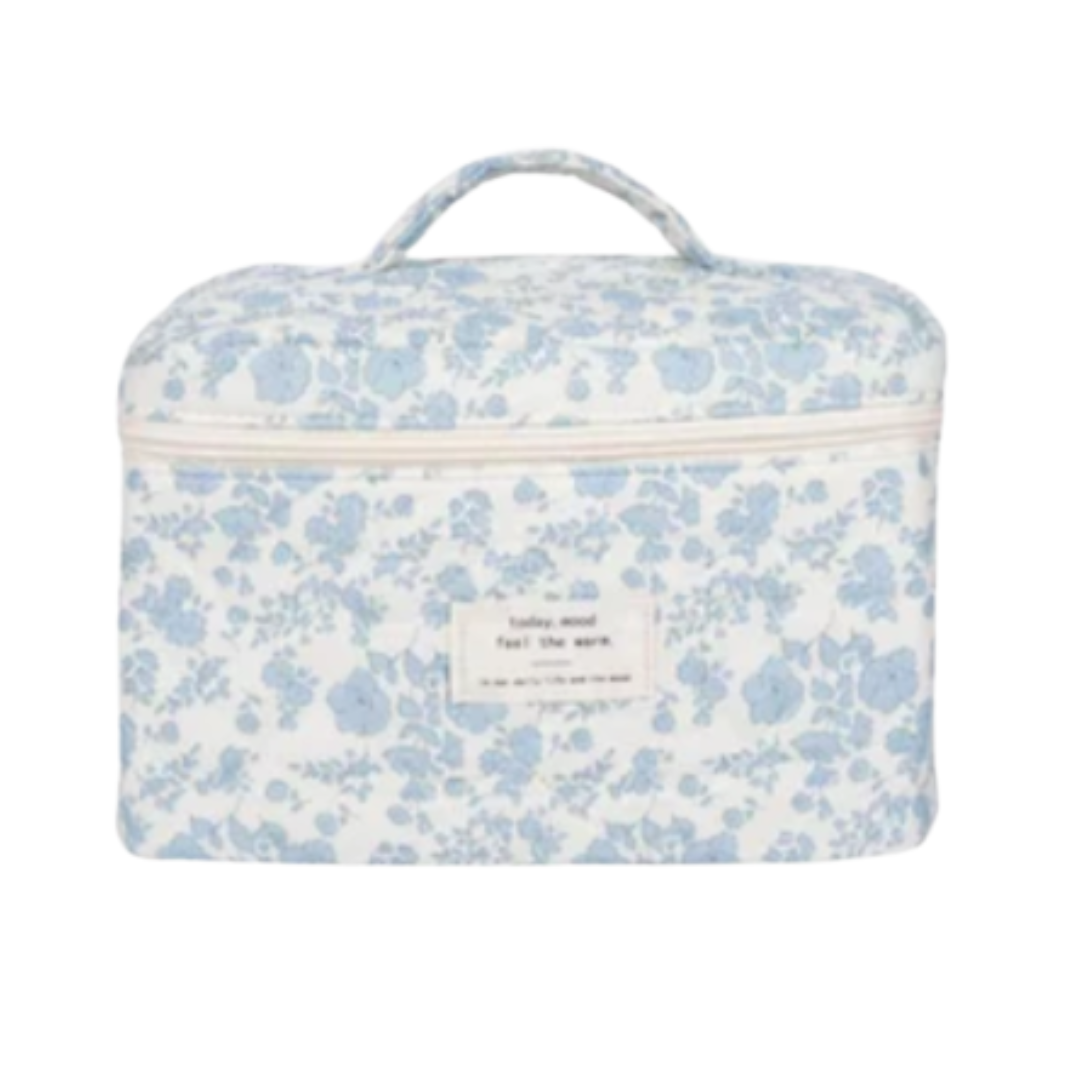 Quilted Cotton Makeup Bag | Girls' Portable Toiletry Case |Blue flower pattern |HomeHato