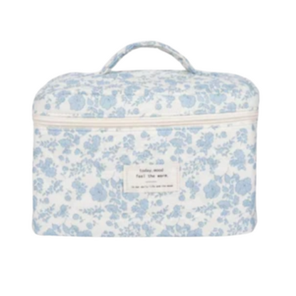 Quilted Cotton Makeup Bag | Girls' Portable Toiletry Case |Blue flower pattern |HomeHato