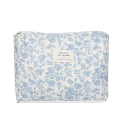 Quilted Cotton Makeup Bag | Girls' Portable Toiletry Case |Blue flower pattern |HomeHato