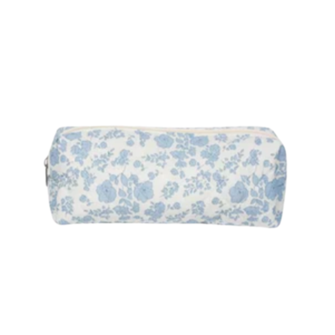 Quilted Cotton Makeup Bag | Girls' Portable Toiletry Case |Blue flower pattern |HomeHato