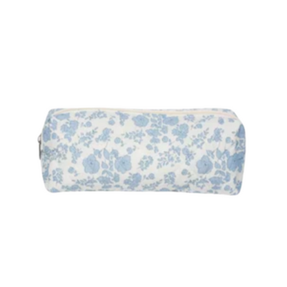 Quilted Cotton Makeup Bag | Girls' Portable Toiletry Case |Blue flower pattern |HomeHato