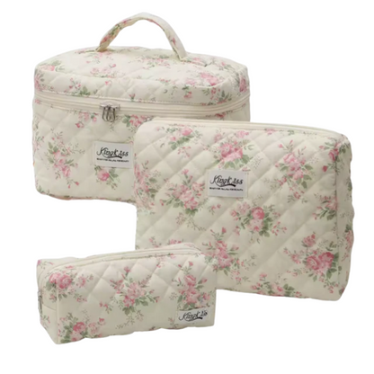 Quilted Cotton Makeup Bag | Girls' Portable Toiletry Case |Pink flower pattern  |HomeHato