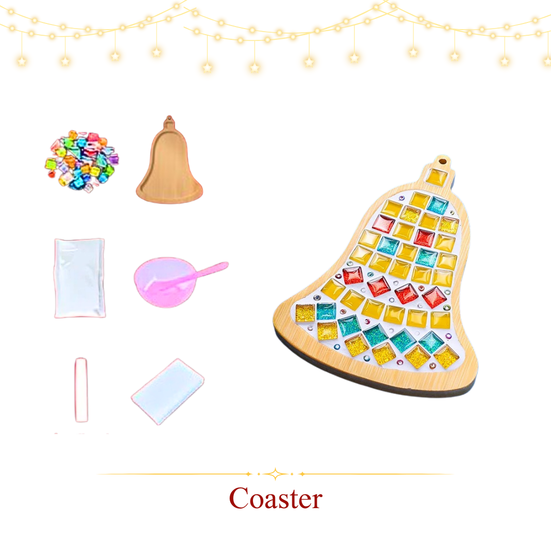 馬賽克杯墊|聖誕款|方形彩磚|聖誕鐘