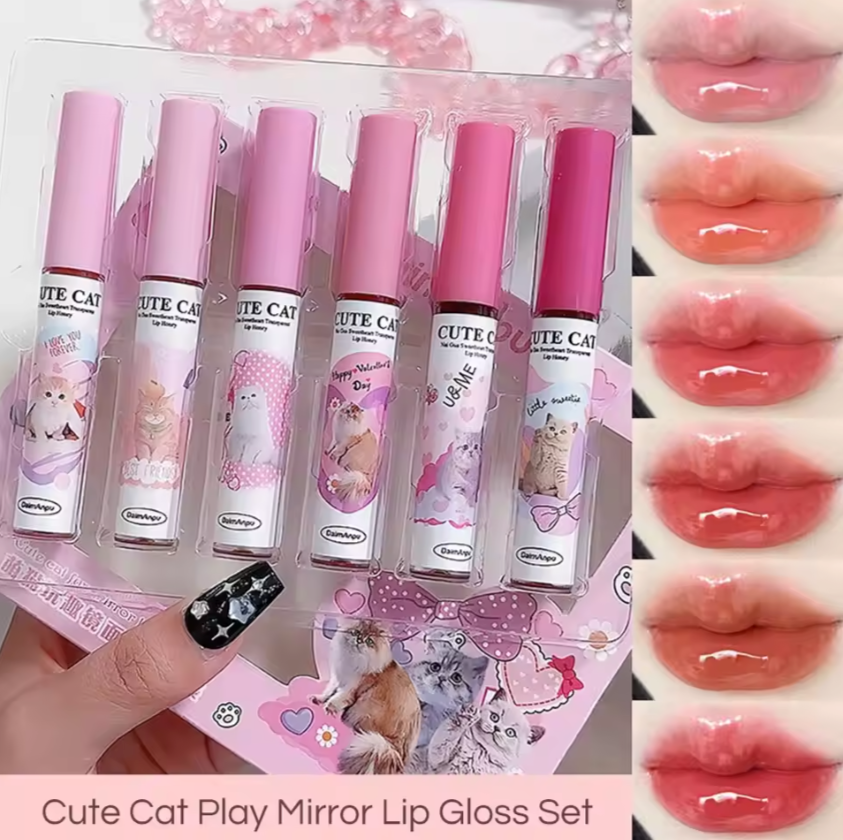 Cute Cat Mirror Lip Glaze Set | 6-Color Lip Stain |HomeHato