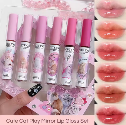Cute Cat Mirror Lip Glaze Set | 6-Color Lip Stain |HomeHato