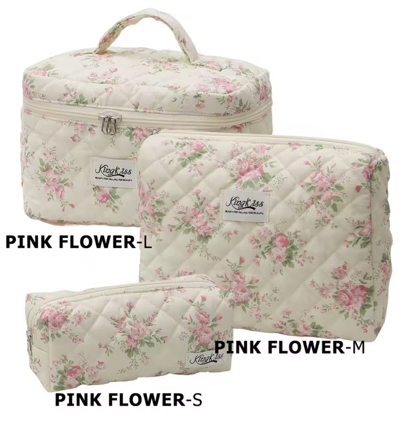 Quilted Cotton Makeup Bag | Girls' Portable Toiletry Case |Pink flower pattern  |HomeHato