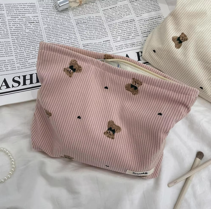 Cartoon Bear Corduroy Cosmetic Bag | Women's Clutch Makeup Bag |HomeHato
