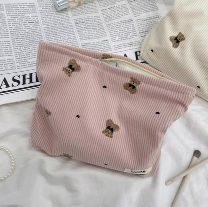 Cartoon Bear Corduroy Cosmetic Bag | Women's Clutch Makeup Bag |HomeHato
