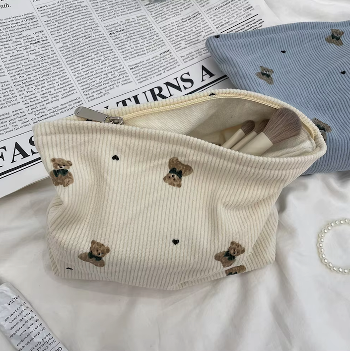 Cartoon Bear Corduroy Cosmetic Bag | Women's Clutch Makeup Bag |HomeHato