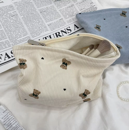Cartoon Bear Corduroy Cosmetic Bag | Women's Clutch Makeup Bag |HomeHato