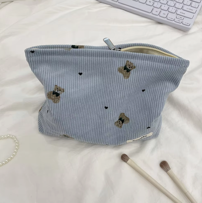 Cartoon Bear Corduroy Cosmetic Bag | Women's Clutch Makeup Bag |HomeHato