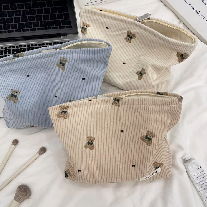 Cartoon Bear Corduroy Cosmetic Bag | Women's Clutch Makeup Bag |HomeHato