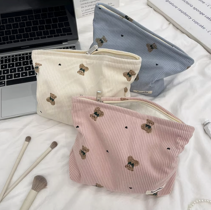 Cartoon Bear Corduroy Cosmetic Bag | Women's Clutch Makeup Bag |HomeHato