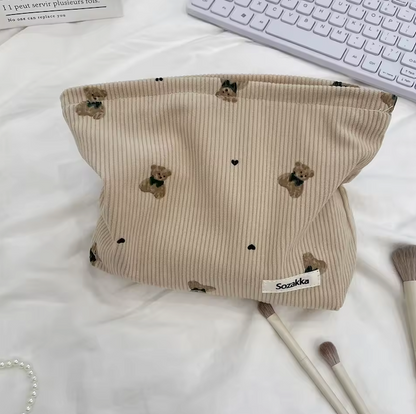 Cartoon Bear Corduroy Cosmetic Bag | Women's Clutch Makeup Bag |HomeHato