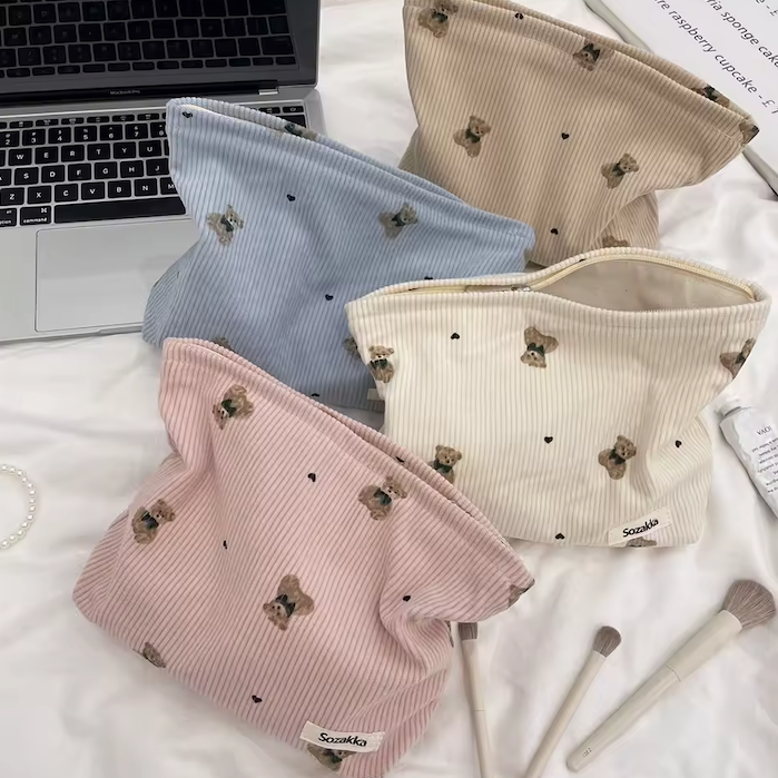 Cartoon Bear Corduroy Cosmetic Bag | Women's Clutch Makeup Bag |HomeHato