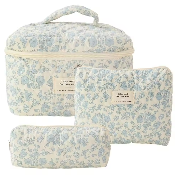 Quilted Cotton Makeup Bag | Girls' Portable Toiletry Case |Blue flower pattern |HomeHato
