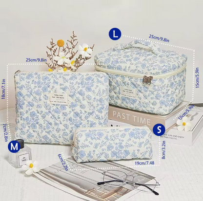 Quilted Cotton Makeup Bag | Girls' Portable Toiletry Case |Blue flower pattern |HomeHato