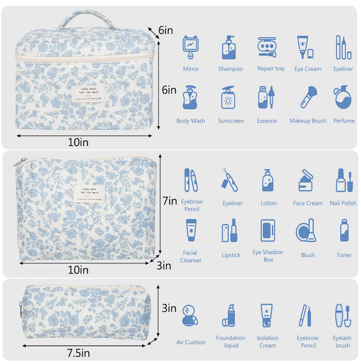 Quilted Cotton Makeup Bag | Girls' Portable Toiletry Case |Blue flower pattern |HomeHato