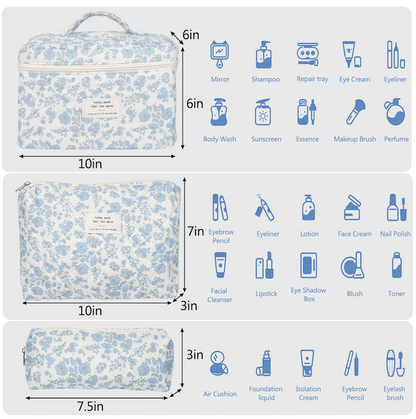 Quilted Cotton Makeup Bag | Girls' Portable Toiletry Case |Blue flower pattern |HomeHato