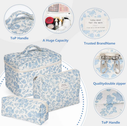 Quilted Cotton Makeup Bag | Girls' Portable Toiletry Case |Blue flower pattern |HomeHato