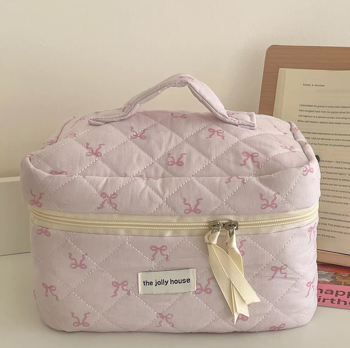 Pink Bowknot Quilted Cosmetic Bag | Girls' Travel Organizer |HomeHato