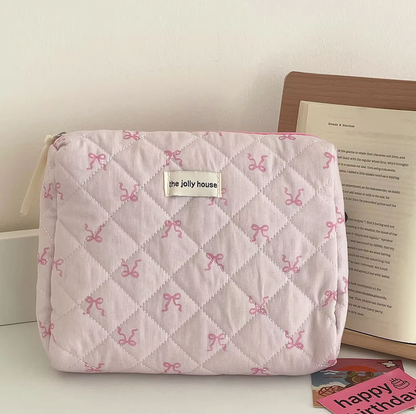 Pink Bowknot Quilted Cosmetic Bag | Girls' Travel Organizer |HomeHato