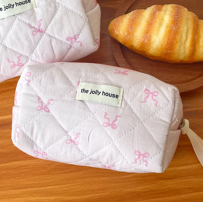 Pink Bowknot Quilted Cosmetic Bag | Girls' Travel Organizer |HomeHato