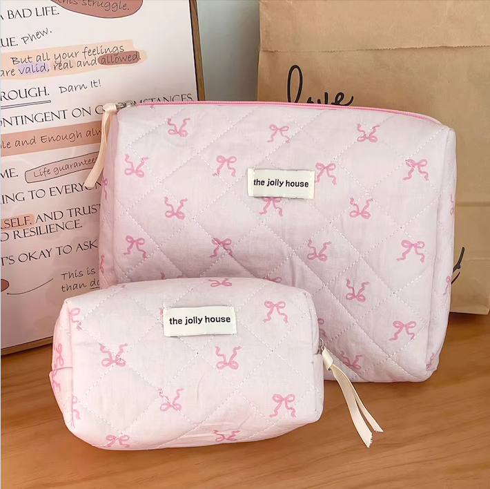 Pink Bowknot Quilted Cosmetic Bag | Girls' Travel Organizer |HomeHato
