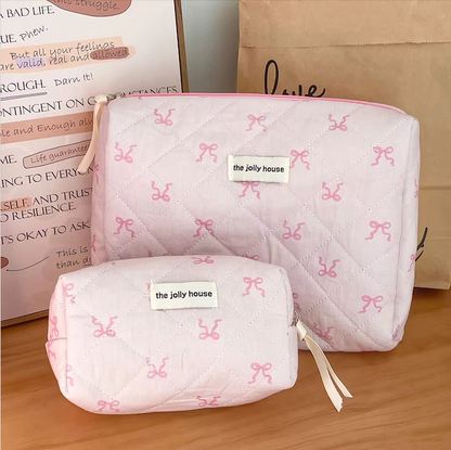 Pink Bowknot Quilted Cosmetic Bag | Girls' Travel Organizer |HomeHato