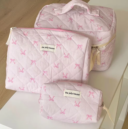 Pink Bowknot Quilted Cosmetic Bag | Girls' Travel Organizer |HomeHato