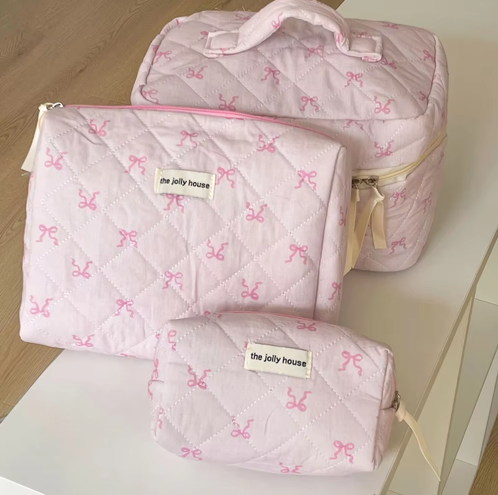 Pink Bowknot Quilted Cosmetic Bag | Girls' Travel Organizer |HomeHato